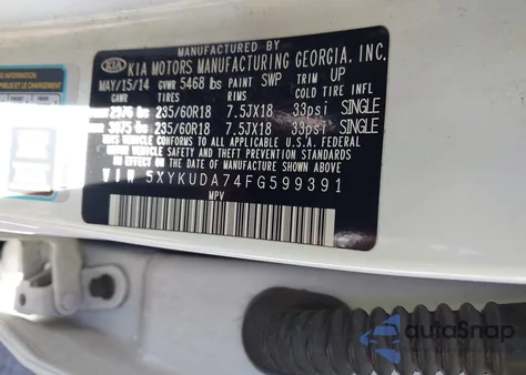 2015 Kia Sorento Ex V6 из США, поврежденный, VIN 5XYKUDA74FG599391